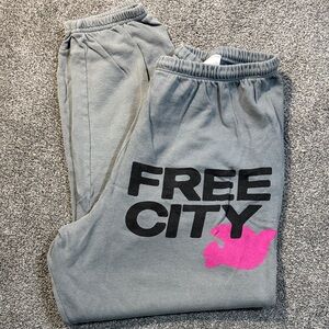 freecity Gray Sweatpants with Black Logo and Pink Graphic
